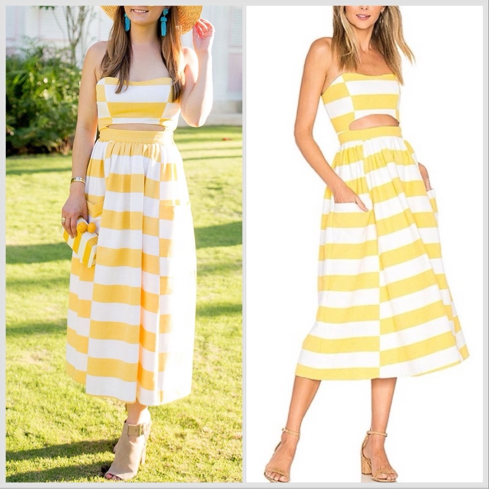 NWT MARA HOFFMAN White Yellow Striped Strapless Midi Cut Out Dress Sz 8